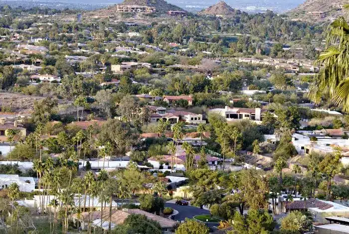 Paradise Valley Luxury Homes phoenix scottsdale real estate agent Paradise Valley aerial view of luxury homes and palm trees