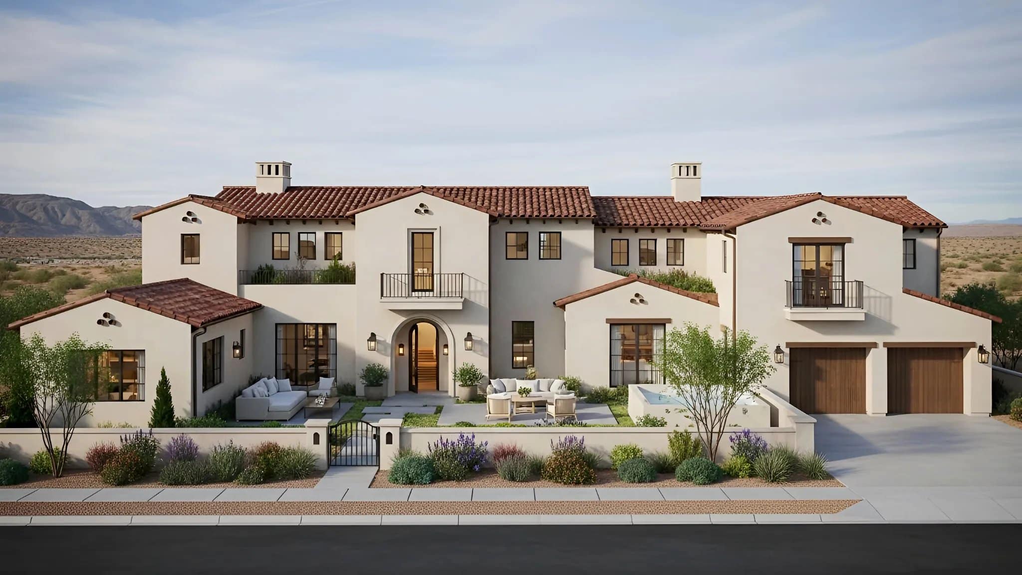 Luxury Spanish style home in Phoenix AZ with courtyard, balcony, and landscaped front yard