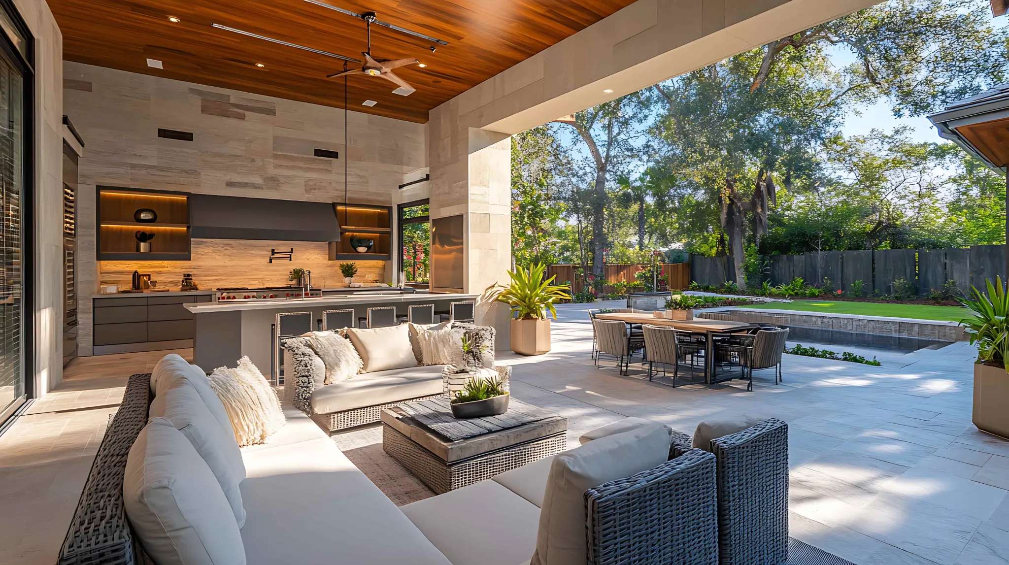 Modern outdoor living space with covered patio, built in kitchen, and backyard dining area