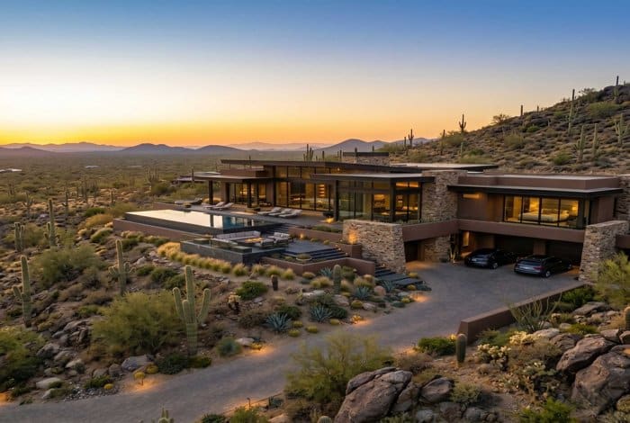 Modern Desert Luxury Home at Sunset in Phoenix Scottsdale Communities Modern desert luxury home in Phoenix Scottsdale communities with infinity pool at sunset among cacti and rocky hills