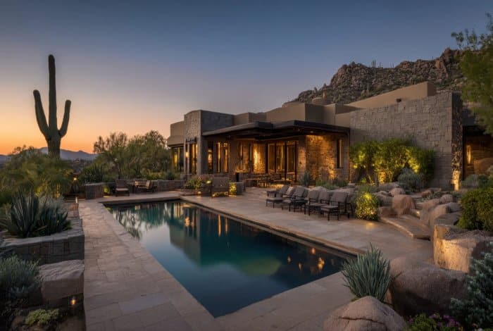 Arizona real estate for Canadian buyers, luxury desert home with pool at sunset in Greater Phoenix